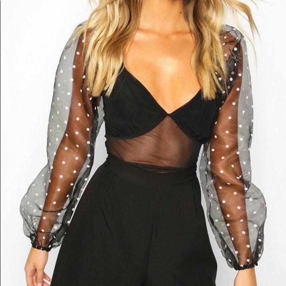 Organza Sleeve Mesh Paneled Crop Top